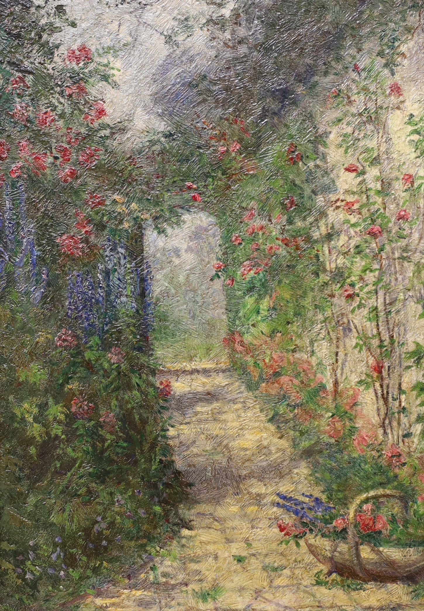 Ada Dennis R.O.I. (1862-1900), oil on board, 'In an Old World Garden', RI Exhibition label verso, 34 x 24cm